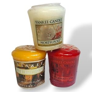 3 Retired Scented Yankee Candle Votives;‎ North Pole Hot Buttered Rum Pom. Cider